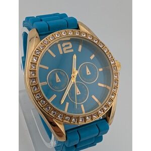 Women's Quartz‎ Watch 43mm Gold Case Crystal Bezel Silicone Band- New Battery